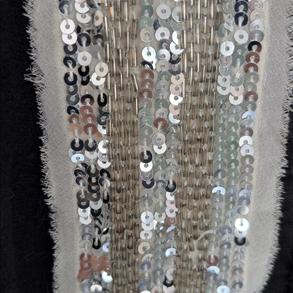 TORY BURCH QUINCY BLACK OPEN FRONT VINTAGE SWEATER CARDIGAN SILVER SEQUINS SZ S